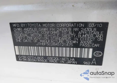 2010 Lexus Is 250 from USA, damaged, VIN JTHBF5C28A5121475